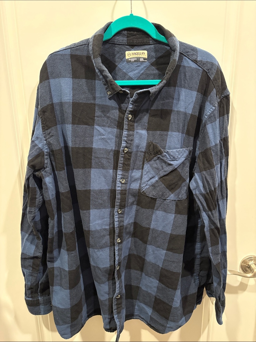 Magellan Outdoors Blue and Black Check Button-Down Flannel Shirt